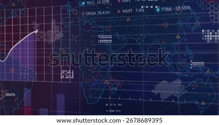 Displaying digital world map on dashboard with grid, charts, hexagon clusters, numeric labels. Technology, analytics, data, dashboard, interface, visualization, futurism