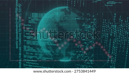 Displaying digitized wireframe globe rotating in VR 3D dashboard, with grid floor and code streams. Data, visualization, network, nodes, trajectory, neon, abstract