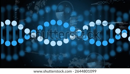 Displaying DNA double helix at virtual interface with bokeh lights, code, world map and UI overlays. Molecular, genomic, science, innovation, technology, interface, futuristic