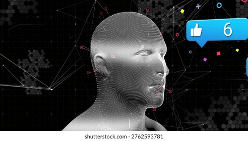 Displaying dot-mesh head facing right in virtual network, showing blue thumbs-up 6, magenta markers. Avatar, pointcloud, wireframe, hexgrid, dataviz, cyberspace, abstract