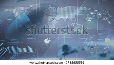 Displaying dotted world map and HUD overlays over virtual globe with radar, charts, network icons. Dataviz, dashboard, futuristic, interface, analytics, planetary, trajectories