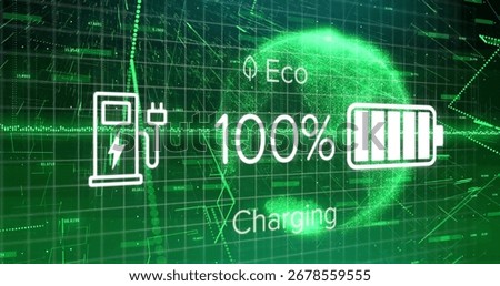 Displaying eco-charging interface glowing on holographic grid, with station icon and battery symbol. Futuristic, technology, sustainability, digital, energy, interface, innovation