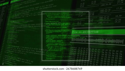 Displaying encryption screen on dashboard, showing code windows header panel hex dumps and waveform. Cybersecurity, digital, futuristic, data, technology, interface, coding
