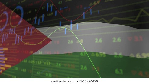 Displaying faint Palestinian flag overlaying candlestick bars, line graphs and data on dashboard. Finance, technology, analytics, data visualization, stock market, digital interface, economic