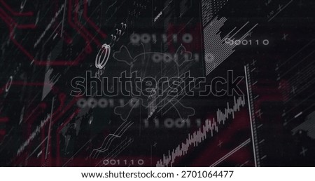 Displaying ghostly skull-crossbones hovering over cyber dashboard, with binary and rising chart. Malware, threat, glitch, circuits, histogram, worldmap, dark