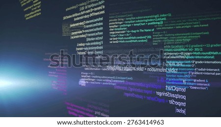 Displaying glass code panels drifting in virtual space, with colored code text and bluish light. Depth, parallax, holographic, glow, futuristic, digital, visualization