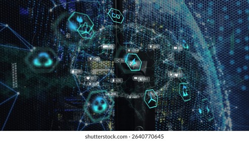 Displaying global data network tracking environmental metrics in dashboard with neon hexagon icons. Technology, visualization, sustainability, analytics, digital, precision, eco