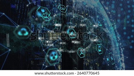 Displaying global data network tracking environmental metrics in dashboard with neon hexagon icons. Technology, visualization, sustainability, analytics, digital, precision, eco