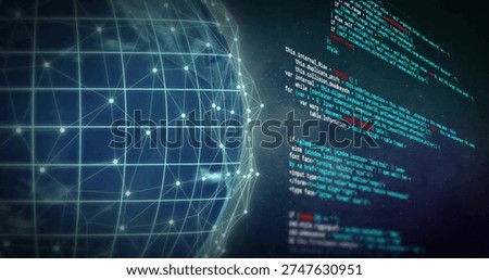 Displaying glowing 3D mesh sphere occupying left in dark cyber space, with luminous nodes and code. Wireframe, orb, neon, futuristic, dataviz, gradient, abstract