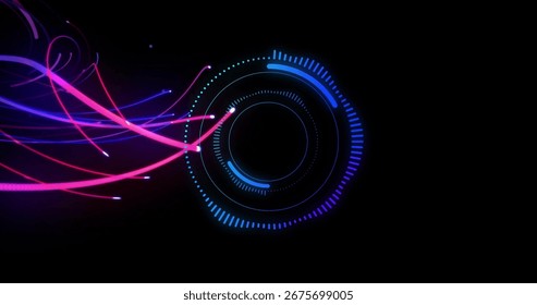 Displaying glowing circular digital interface receiving neon light trails in space with HUD data. Futuristic, cyberpunk, technology, digitalart, data visualization, interface, motionblur