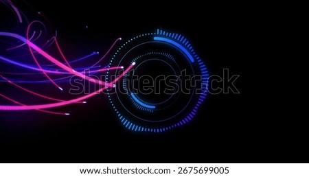 Displaying glowing circular digital interface receiving neon light trails in space with HUD data. Futuristic, cyberpunk, technology, digitalart, data visualization, interface, motionblur