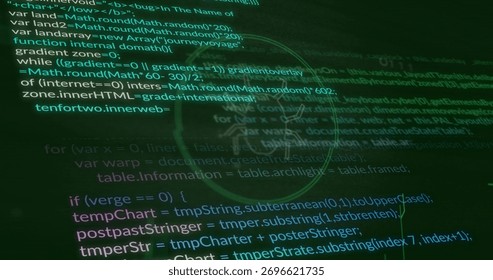Displaying glowing green code on computer monitor at desk with hand-drawn white circle annotation. Technology, programming, coding, software, digital, innovation, cybersecurity