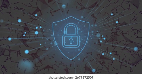 Displaying glowing padlock inside shield at center of network with blue dots rays lines and nodes. Cybersecurity, data protection, digital security, encryption, protection, innovation, futuristic