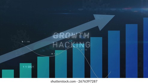 Displaying gradient bars with upward arrow on blue interface, showing markers and GROWTH HACKING. Analytics, data visualization, technology, digital interface, progress, innovation, financial