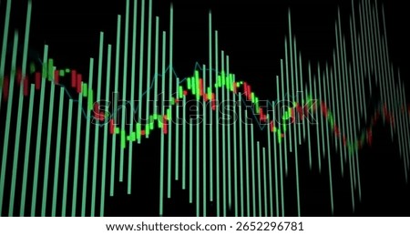 Displaying histogram and candlestick chart on dark monitor, with teal bars and blue line graph. Financial, analytics, data, digital, visualization, technology, investment