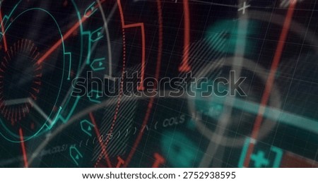 Displaying holographic HUD in virtual interface, showing concentric dial, crosshair, red waveform. Futuristic, neon, translucent, grid, visualization, analytics, telemetry