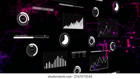 Displaying HUD centered in virtual space, showing grid panels, gauges, slider, tables, pixel noise. Dashboard, neon, futuristic, glitch, magenta, purple, highcontrast