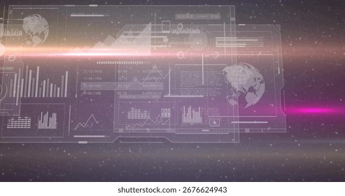 Displaying HUD interface projecting bar and line charts with globe icons and light streaks in space. Futuristic, sci-fi, technology, data visualization, immersive, digital, space exploration