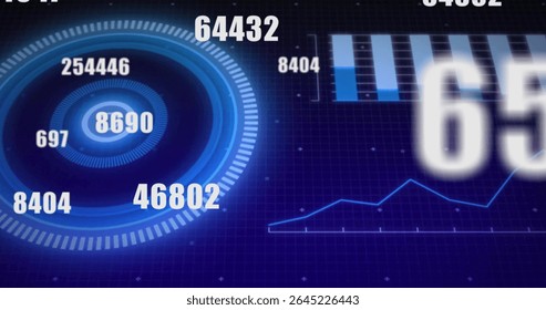 Displaying interface on console showing concentric gauge bar charts and line graph, copy space. Technology, data, analytics, dashboard, interface, innovation, visualization