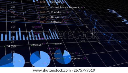 Displaying interface on translucent 3D grid, with pie charts bar chart line graphs code hyperlinks. Technology, data visualization, cybersecurity, innovation, digital infrastructure, analytics,