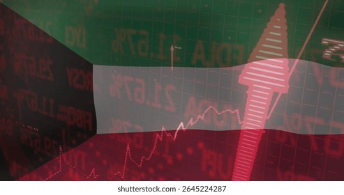 Displaying interface overlaying tricolor flag grid with red tickers, line chart and upward arrow. Financial analytics, stock market, data visualization, digital interface, investment, economic growth,