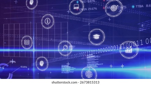 Displaying interface showing floating icons in dashboard with laptop, search icon, bar chart. Futuristic, technology, interface, digital, connectivity, data, analytics