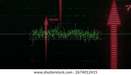 Displaying interface showing green waveform on screen, with numeric readouts and red arrows. Technology, data, visualization, analytics, digital, industrial, futuristic
