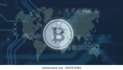 Displaying large circular Bitcoin logo over world map in network interface, with glowing circuits. Technology, blockchain, cryptocurrency, digital, innovation, connectivity, cyber