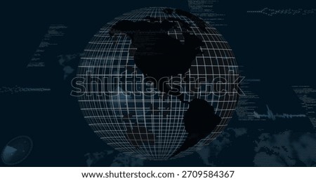 Displaying large wireframe globe rotating over dark dashboard, showing radar code waveform overlays. Sphere, geospatial, grid, latitude, longitude, telemetry, interface