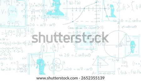 Displaying light blue equations and graphs on white page, showing translucent bust silhouettes. Analytic, education, minimalistic, scientific, conceptual, intellectual, technical