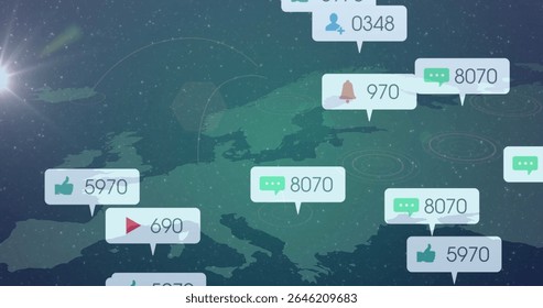Displaying map of Europe pulsing on virtual overlay, with social media icons and numeric counts. Technology, network, digital, analytics, data visualization, cybersecurity, innovation
