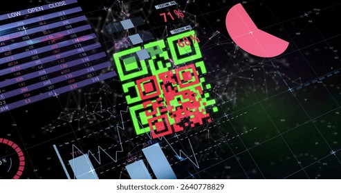 Displaying neon green and red QR code graphic floating over dark grid, with pink pie segment. Holographictablet, futuristicsystems, digitalvisualization, dataanalytics, hightechdesign, infographics,