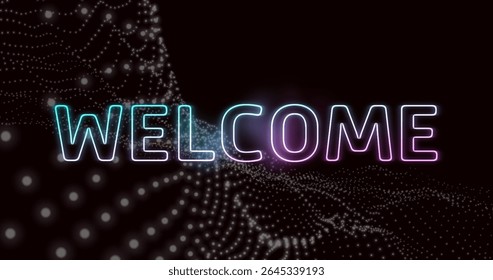 Displaying neon WELCOME text floating above particle grid in dark space, tech welcome screen. Futuristic, digital, technology, abstract, cyber, vibrant, neon