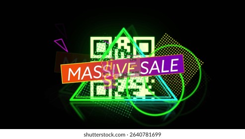 Displaying neon-green triangle outlining QR code in ad, featuring MASSIVE SALE banner and shapes. Futuristic, technology, digital, vibrant, abstract, electronic, marketing