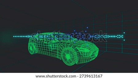 Displaying neon-green wireframe sedan model occupying teal grid tunnel, with cyan particle stream. 3d, mesh, vehicle, futuristic, digital, visualization, simulation