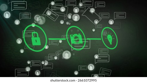 Displaying network connecting padlock, camera, lightbulb icons on dark interface with chat bubbles. Technology, cybersecurity, communication, digital, interface, innovation, security