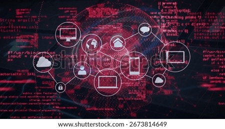 Displaying network diagram connecting cloud, phone and padlock icons on digital interface with code. Technology, connectivity, cyber security, digital infrastructure, data security, information flow,