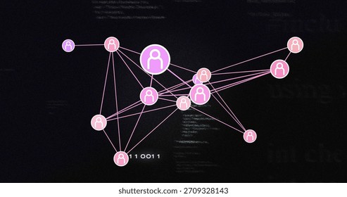 Displaying network graph with central hub node, animating neon avatar links on dark canvas 110011. Connections, circles, icons, mesh, clusters, visualization, data