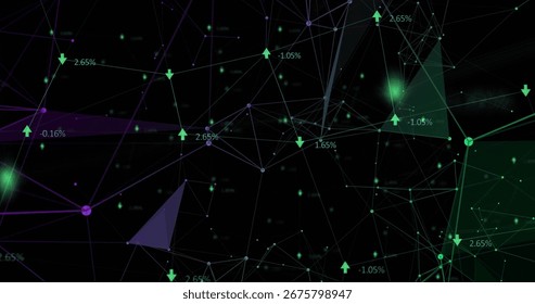 Displaying node-and-link network in digital space, with nodes, lines, arrows, percentage labels. Futuristic, technology, connectivity, digital, innovation, data visualization, abstract