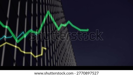 Displaying office facade with grid windows tracing 3 neon line graphs against navy sky, letterbox. Cityscape, skyline, night, data, visualization, architecture, urban