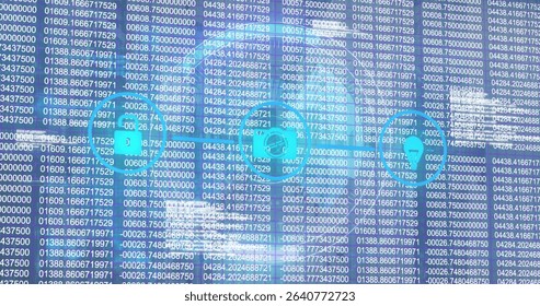 Displaying padlock, computer and location pin icons on horizontal line over data columns on screen. Cybersecurity, data privacy, digital security, network, technology, interface, modern