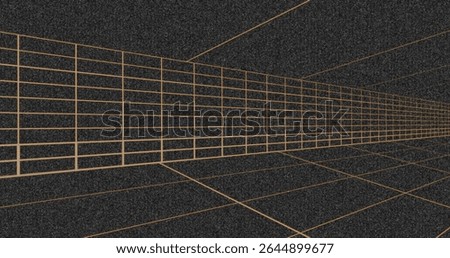 Displaying perspective wireframe corridor receding in virtual 3D space, with orange grid lines. Futuristic, geometric, digitalart, techdesign, virtualreality, abstract, sci-fi