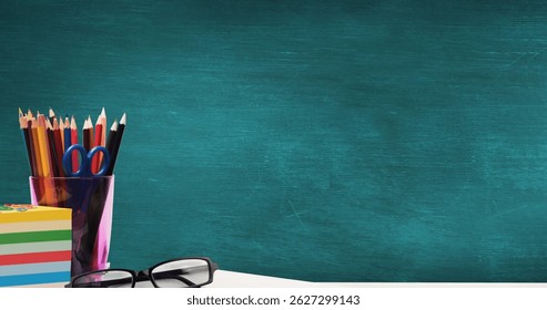 Displaying pink cup holding pencils and scissors, notes and glasses at study desk, copy space. Creative workspace, stationery, organization, art supplies, learning environment, colorful, minimalist - Powered by Shutterstock - Get 15% off with code: PIKWIZARD15