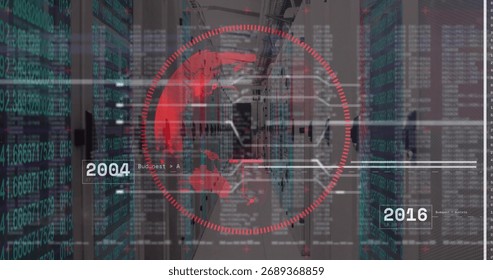 Displaying red interface showing world map in rack corridor, with code streams, timeline markers. Technology, data, cybersecurity, digital, networking, innovation, futuristic
