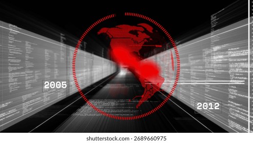 Displaying red scanning UI in data tunnel, showing pixelated Americas map and timeline 2005, 2012. Futuristic, data visualization, digital interface, high-tech, information flow, cyber, abstract