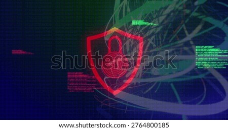 Displaying red shield with padlock and target rings guarding data in virtual dashboard, neon code. Cybersecurity, emblem, lock, digital, interface, grid, circuitry