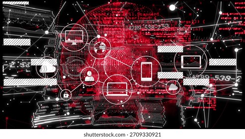 Displaying red skull code matrix dominating security dashboard, linking white device icons, padlock. Cyber, threat, network, data, visualization, infographic, digital