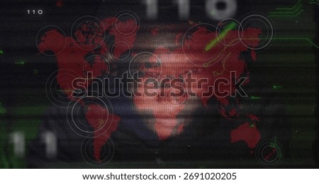 Displaying red world map overlaying interface with concentric hotspots, scan lines and green data. Digital, technology, analytics, cybersecurity, data visualization, futuristic, interface