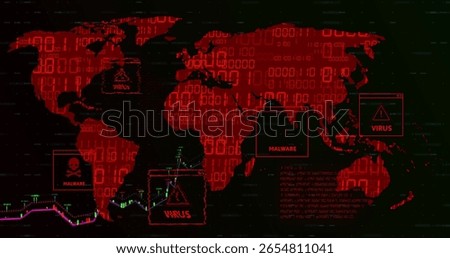 displaying red world map tracking malware virus threats on computer dashboard, with binary overlay. Cybersecurity, threat, analysis, digital, data, alert, monitor