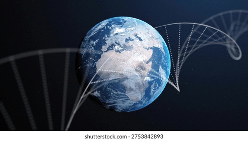 Displaying rendered Earth globe floating in outer space, with dotted helix trajectories. Planet, cosmos, orbital, arcs, luminous, astral, futuristic